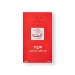 Red packaging of Creed perfume with Viking logo on a white background