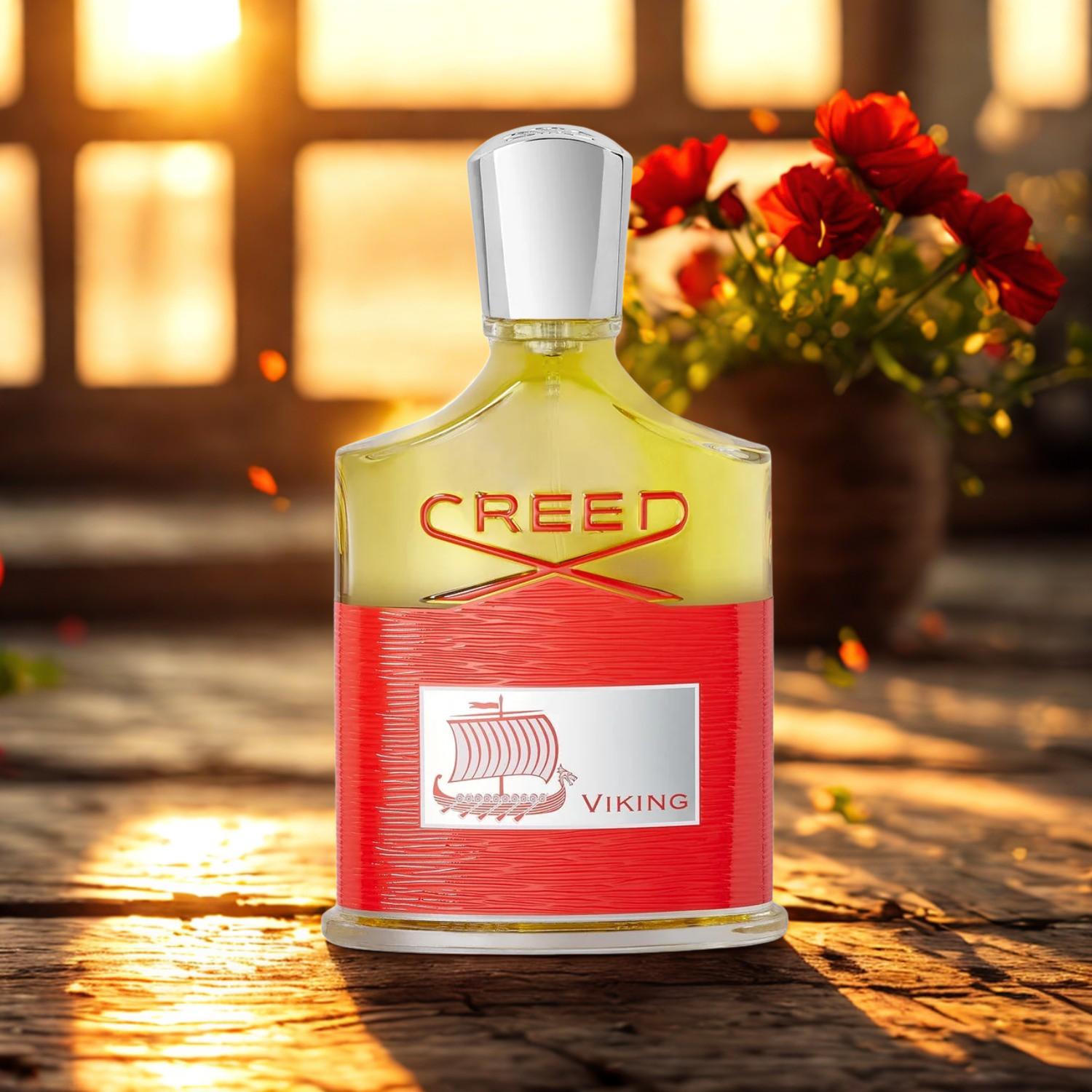 Creed Viking perfume bottle on a wooden surface with a blurred floral background