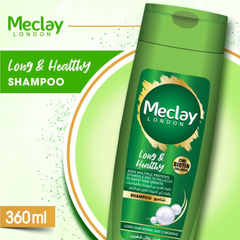 Meclay London Long & Healthy shampoo bottle on a green