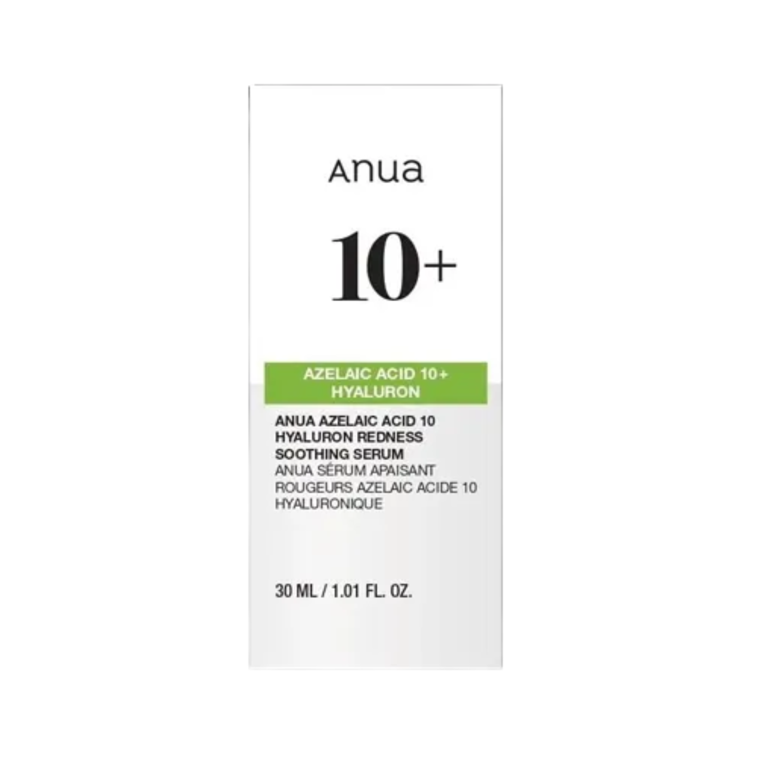 Anua 10+ azelaic acid and hyaluron serum packaging on a white background
