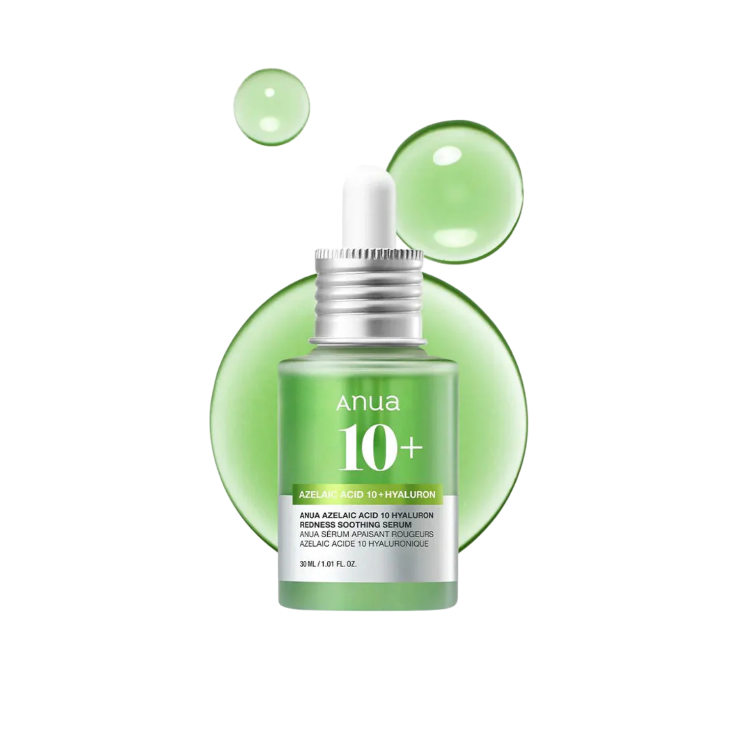 Skincare serum bottle with dropper labeled 'Anua 10+' on a white background