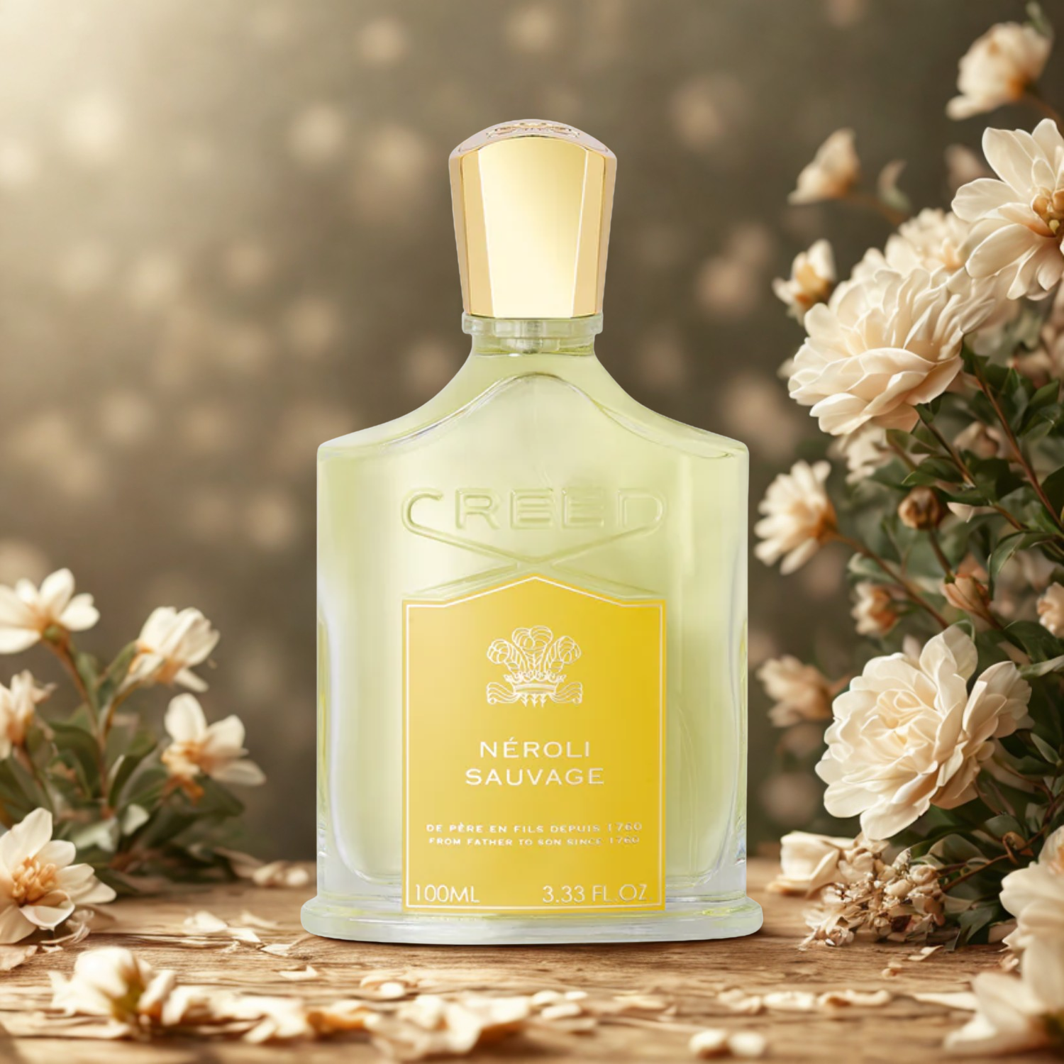 Creed Neroli Sauvage perfume bottle with flowers on a wooden surface