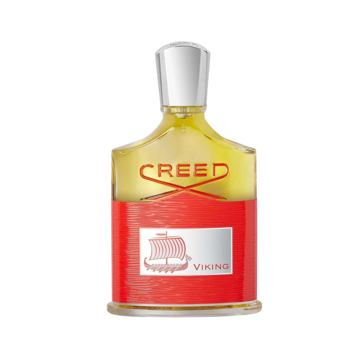 Creed perfume bottle with red base and silver cap on a white background