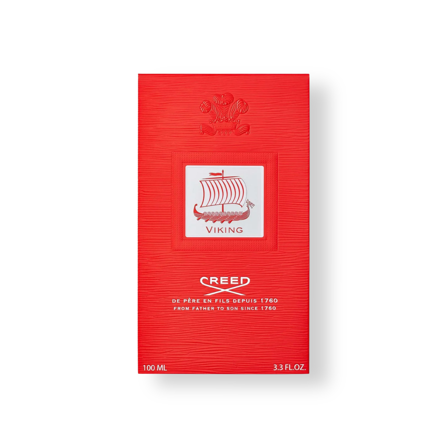 Red packaging of Creed perfume with Viking logo on a white background