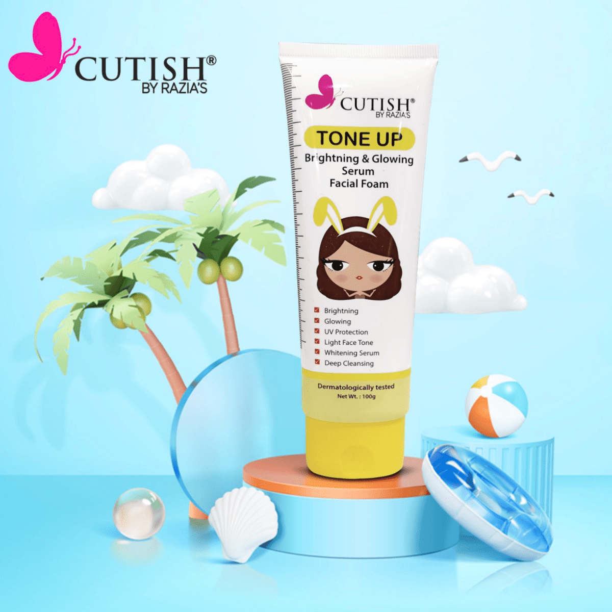 Cutish Tone up Face Wash Brightening & Glowing Serum Facial Foam 100g - Gift Point