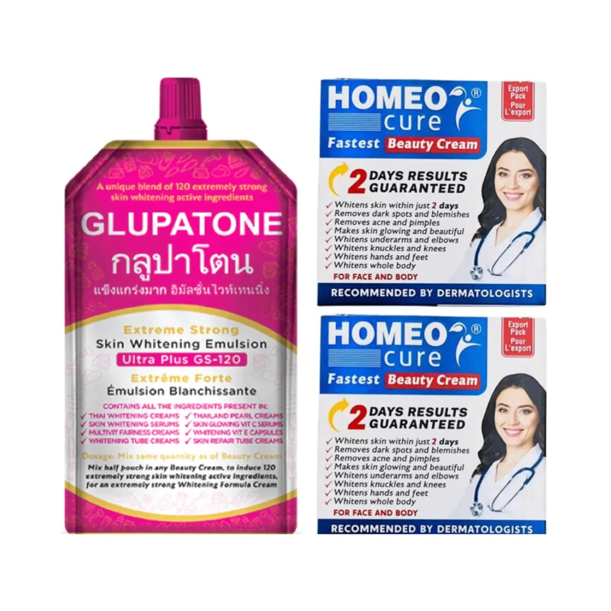 GLUPATONE Emulsion 50ml And 2 Pcs Homeo Cure Beauty Cream - Gift Point
